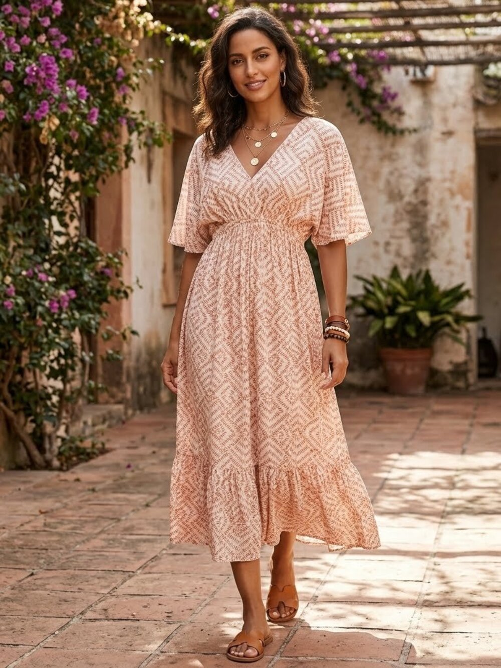 WORLD MARKET Terracotta And White Geo Mira Kaftan Dress